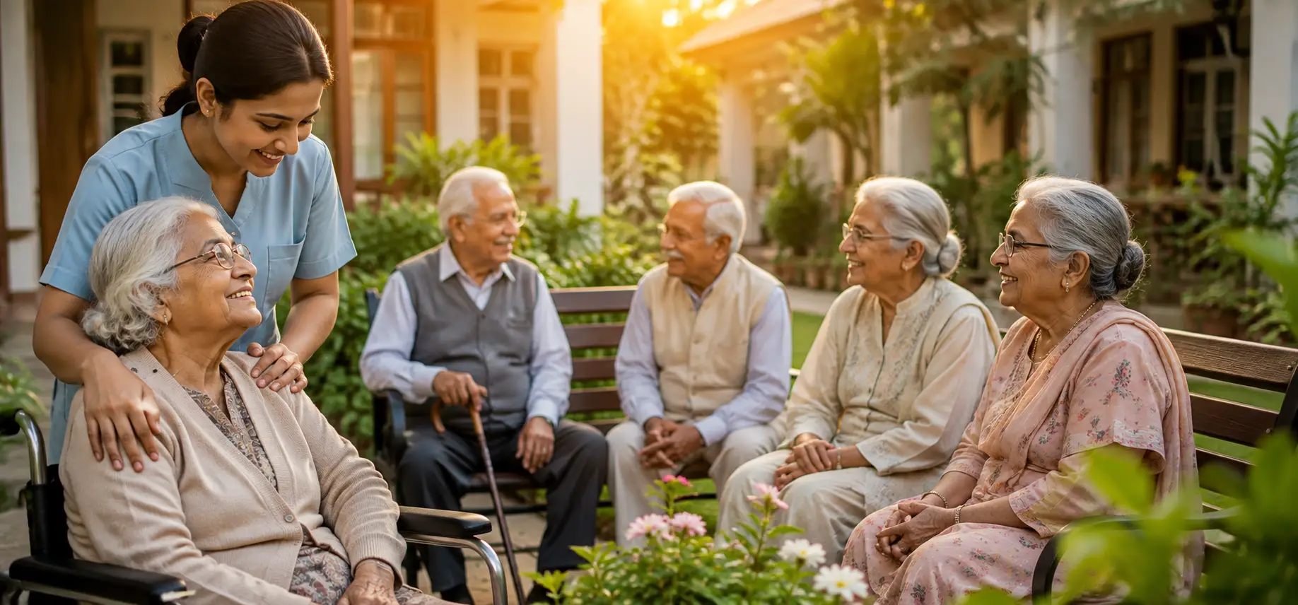 Illustration of a caregiver's hand gently holding an elderly resident's hand